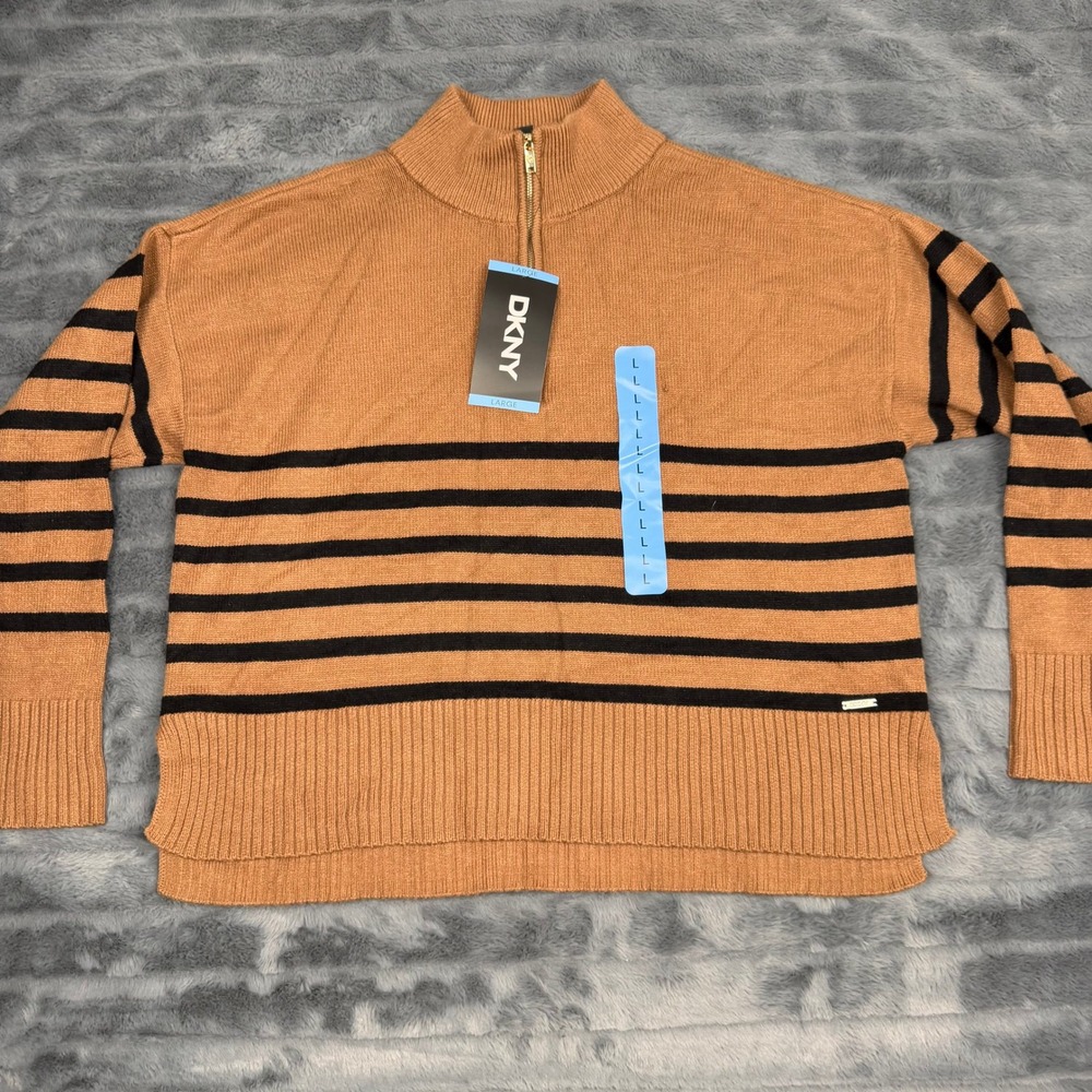 DKNY Womens Brown Striped Quarter Zip Sweater DJ5R0975 Large